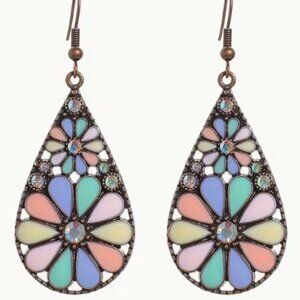 Multicolored Flower Design Teardrop-Shaped Drop Earrings